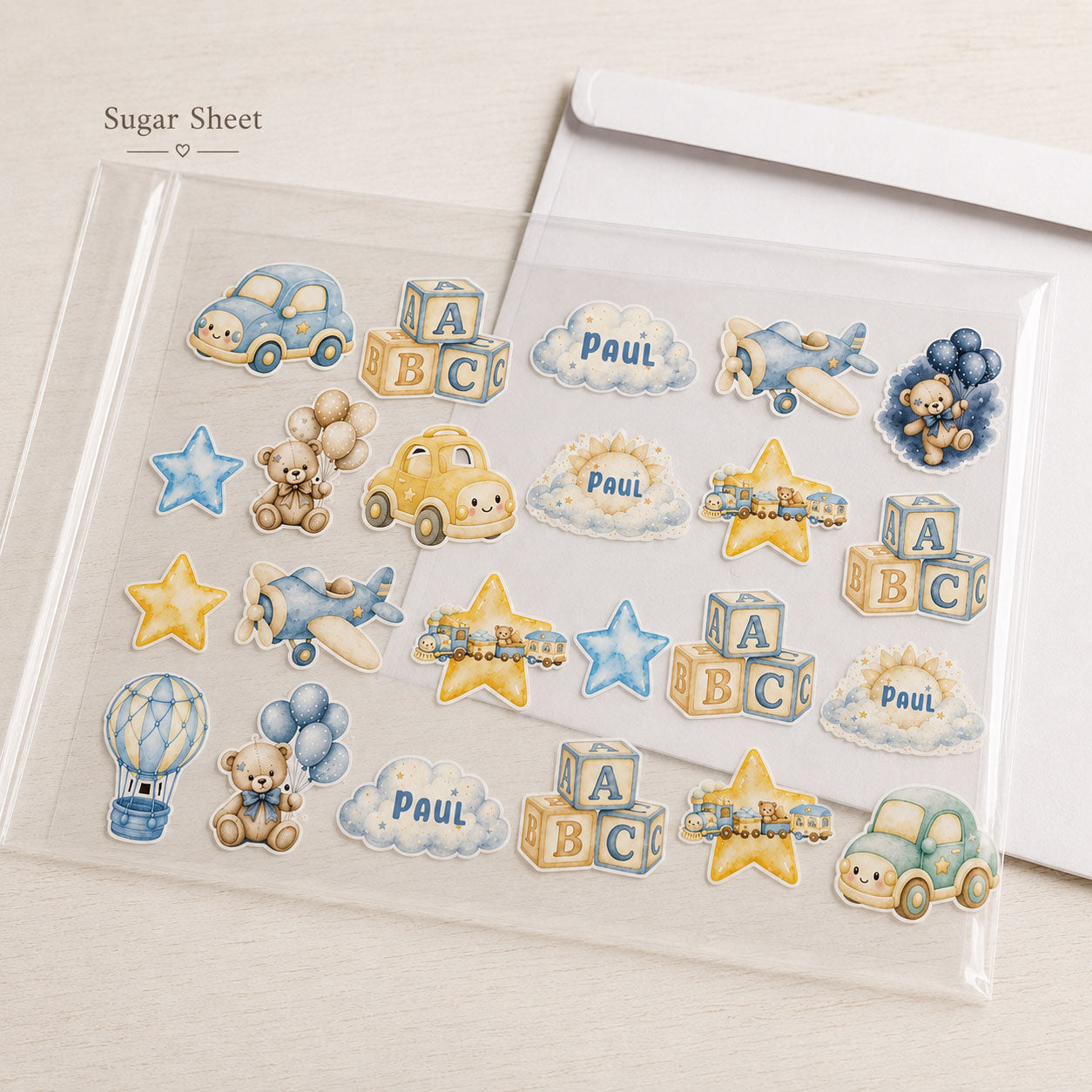 Baby boy edible cupcake topper sugar sheet packaged flat in a protective sleeve for shipping