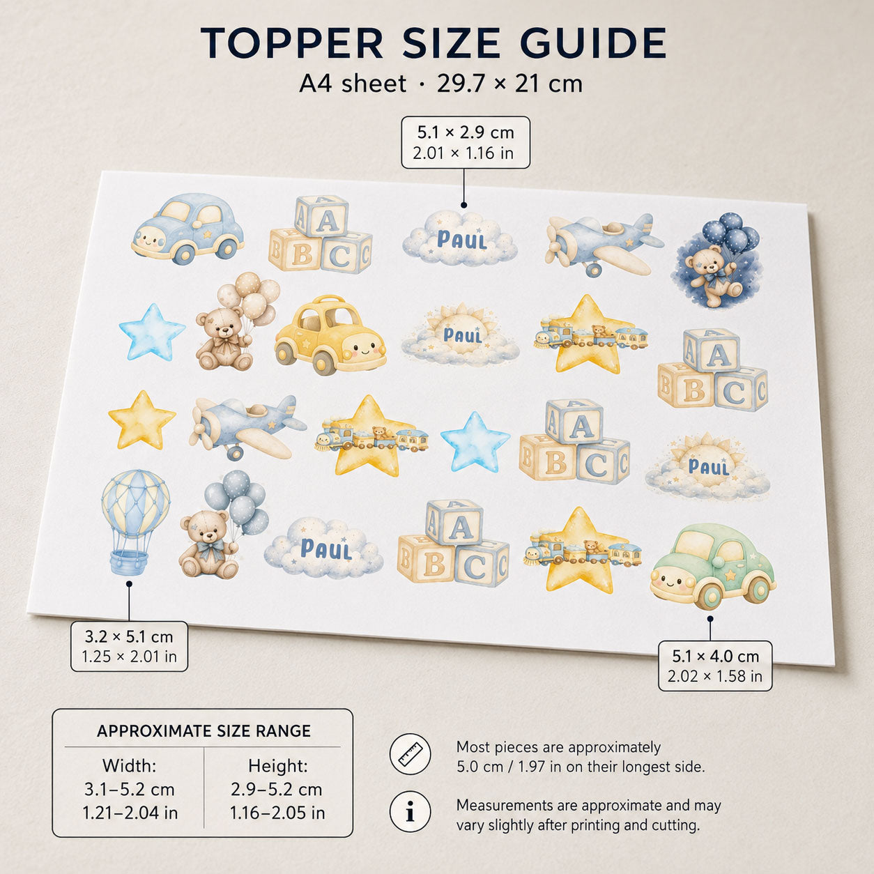 Size guide for baby boy edible cupcake toppers showing sheet and individual piece dimensions
