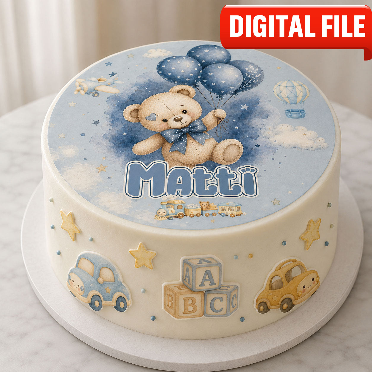 Baby boy teddy bear edible topper set shown on a frosted cake with soft blue party details