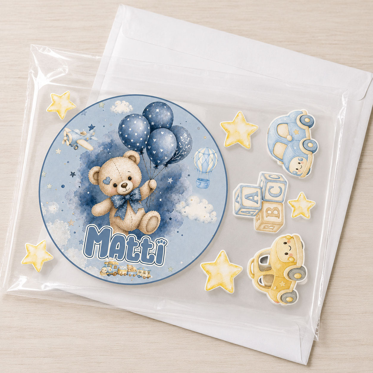 Baby boy teddy bear edible topper set packaged flat and ready for shipping