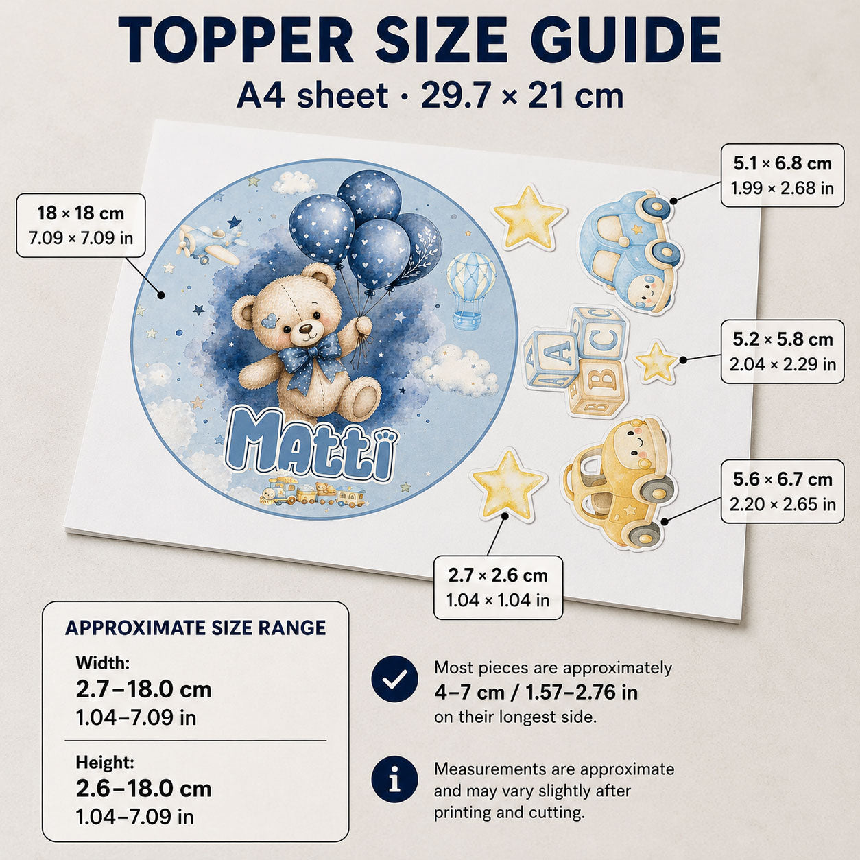 Size guide for baby boy teddy bear edible cake topper set showing sheet dimensions