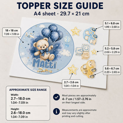 Size guide for baby boy teddy bear edible cake topper set showing sheet dimensions