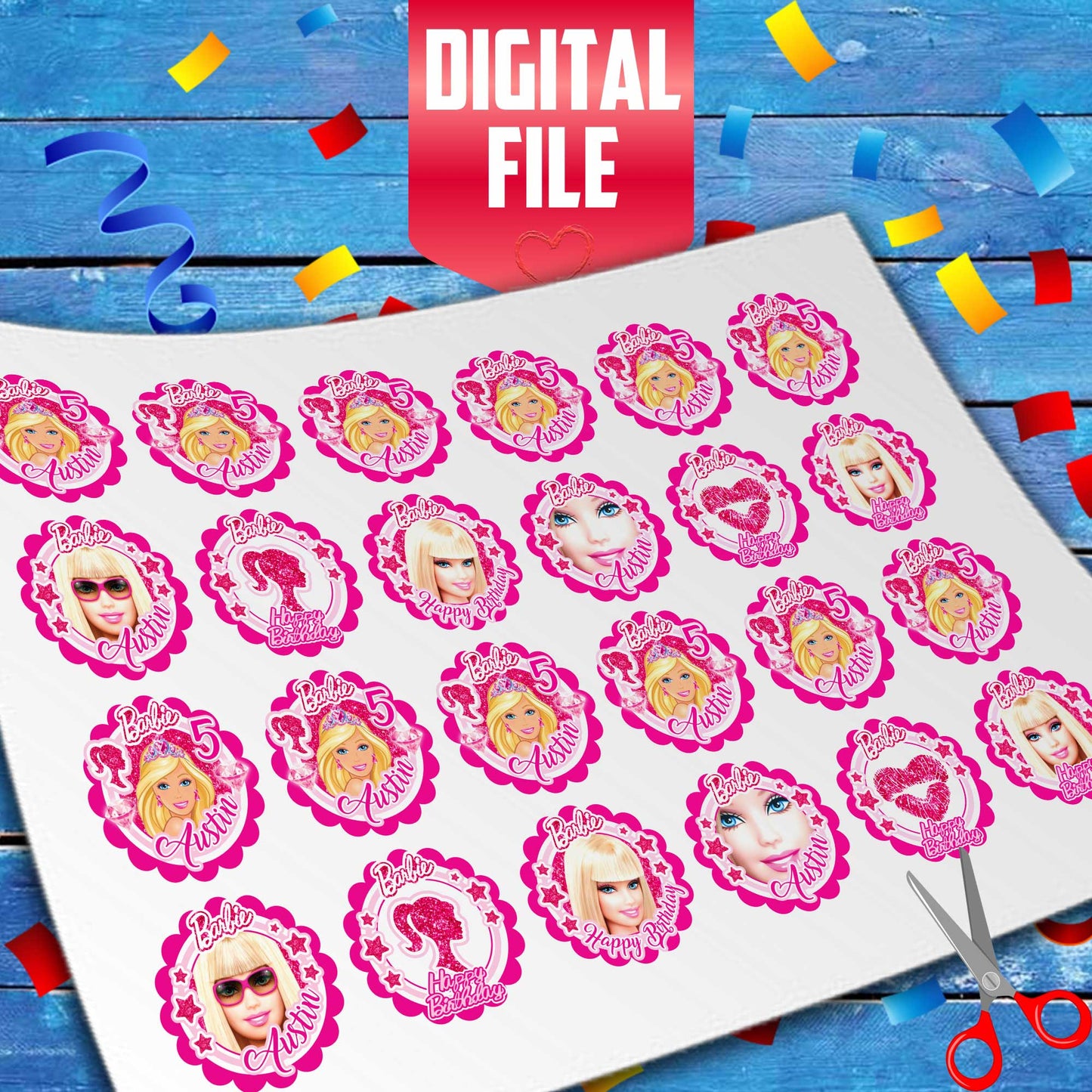 Edible Barbie cupcake toppers with personalization 24 ready-made pieces - on waffle paper, sugar sheet or no-cut Chocotransfer