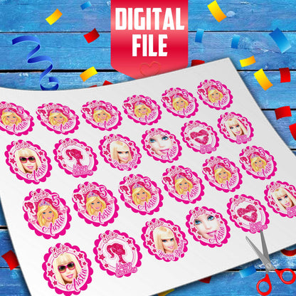 Essbare Barbie-Cupcake-Topper mit Personalisierung, 24 fertige Stücke – auf Waffelpapier, Zuckerfolie oder ungestanztem Chocotransfer