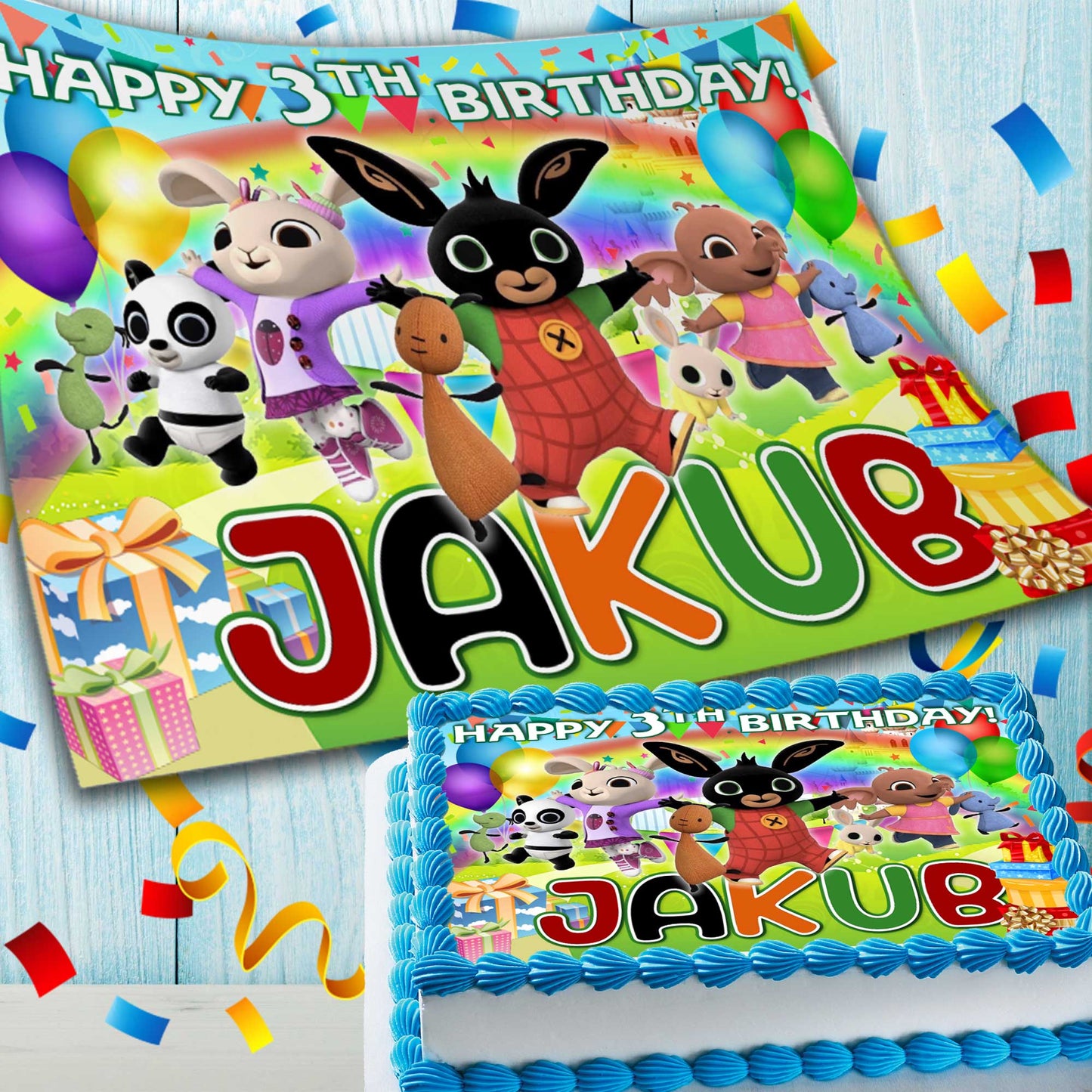 Bunny Bing Birthday Themed Edible Cake Topper - Rectangular Design - Wafer Paper, Sugar Sheet, Chocotransfer