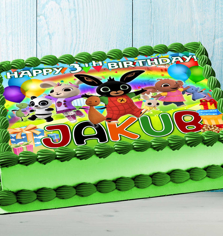 Bunny Bing Birthday Themed Edible Cake Topper - Rectangular Design - Wafer Paper, Sugar Sheet, Chocotransfer