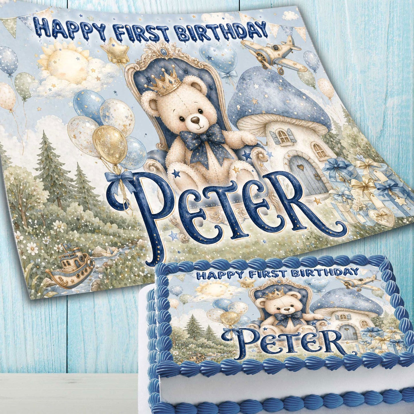 Blue prince 1st birthday edible image topper showing personalized baby boy celebration theme