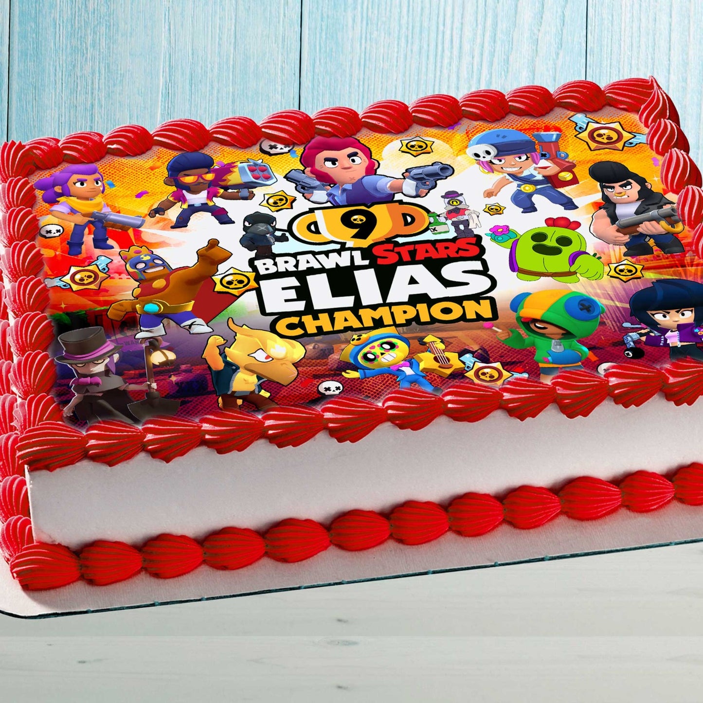 Brawl Stars birthday edible cake topper personalized with name and age on a rectangular cake