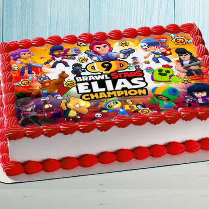 Brawl Stars birthday edible cake topper personalized with name and age on a rectangular cake