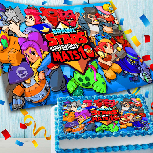 Brawl Stars Birthday Themed Edible Cake Topper - Rectangular Design - Wafer Paper, Sugar Sheet, Chocotransfer