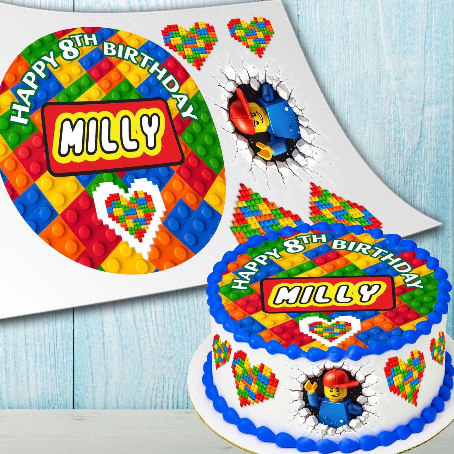 Set of 6 building blocks themed edible cake toppers precut on edible paper sheet with white border