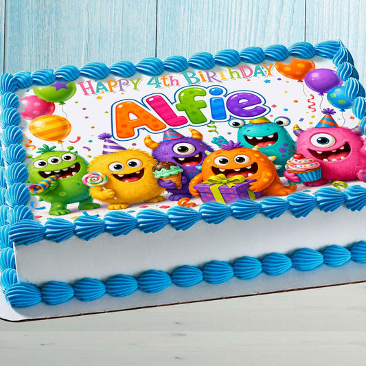 Colorful monsters birthday cake topper personalized edible image with custom name and age