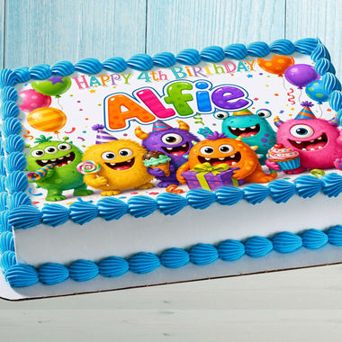 Colorful monsters birthday cake topper personalized edible image with custom name and age