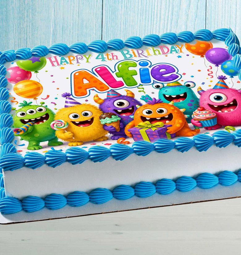 Colorful monsters birthday cake topper personalized edible image with custom name and age