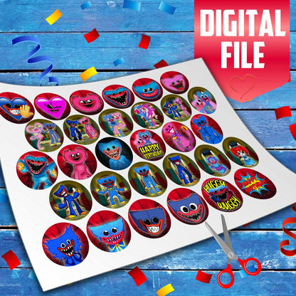 24 Huggy Wuggy Edible Cupcake Toppers - Choose from Wafer Paper, Sugar Sheet, or Chocotransfer with No Cutting Required