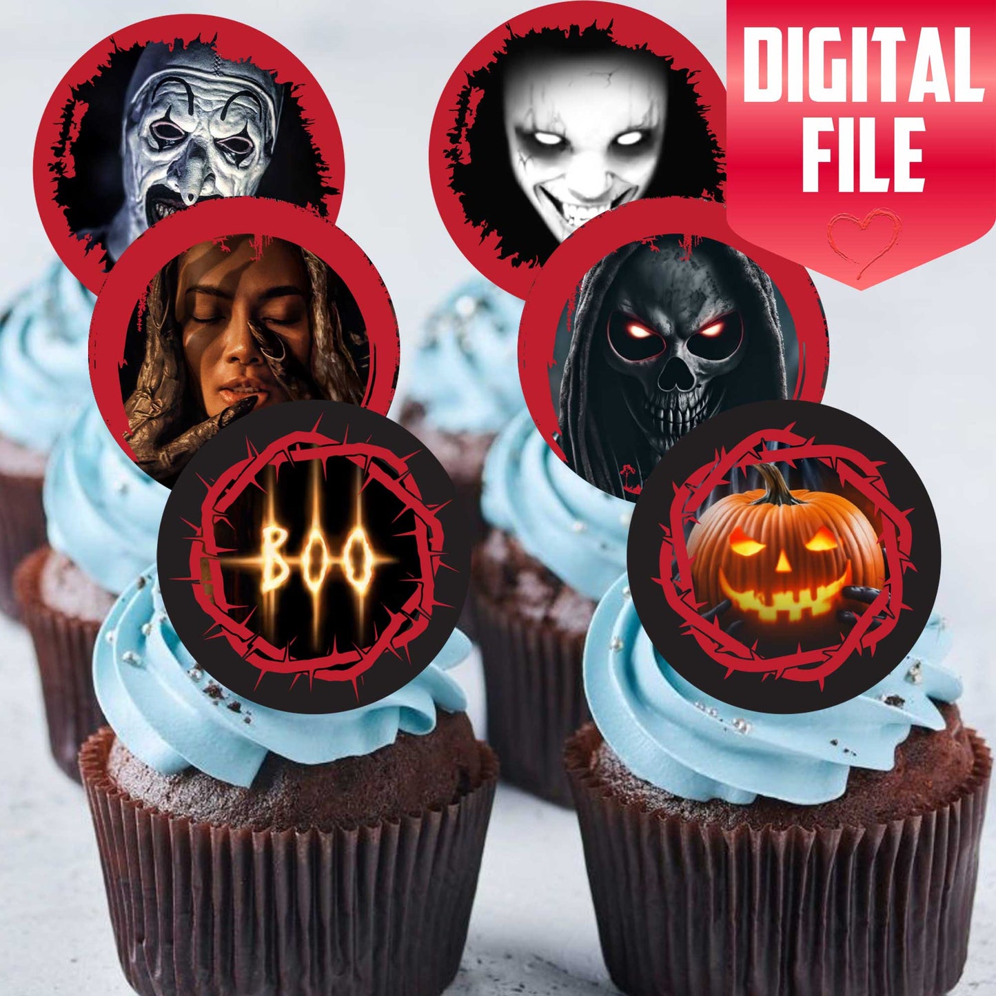 24 Halloween Horror Edible Cupcake Toppers – Precut on Wafer Paper, Sugar Sheet, or Uncut Chocotransfer