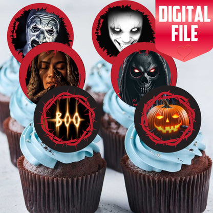 24 Halloween Horror Edible Cupcake Toppers – Precut on Wafer Paper, Sugar Sheet, or Uncut Chocotransfer