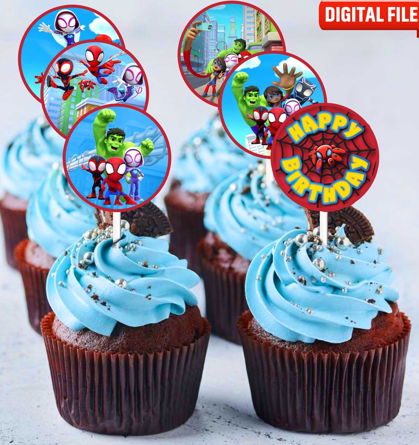 24 Spidey Edible Cupcake Toppers - Choose from Wafer Paper, Sugar Sheet, or Chocotransfer with No Cutting Required