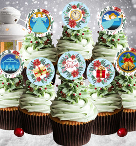 24 Christmas Edible Cupcake Toppers - Precut on Wafer Paper, Sugar Sheet, or without cutting Chocotransfer