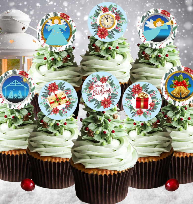 24 Christmas Edible Cupcake Toppers - Precut on Wafer Paper, Sugar Sheet, or without cutting Chocotransfer