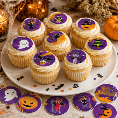 Halloween edible cupcake toppers on frosted cupcakes with witch, cat, ghost and pumpkin designs