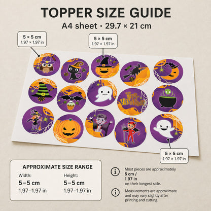 Halloween edible topper size guide showing 15 designs on an A4 sheet, each topper 5 x 5 cm