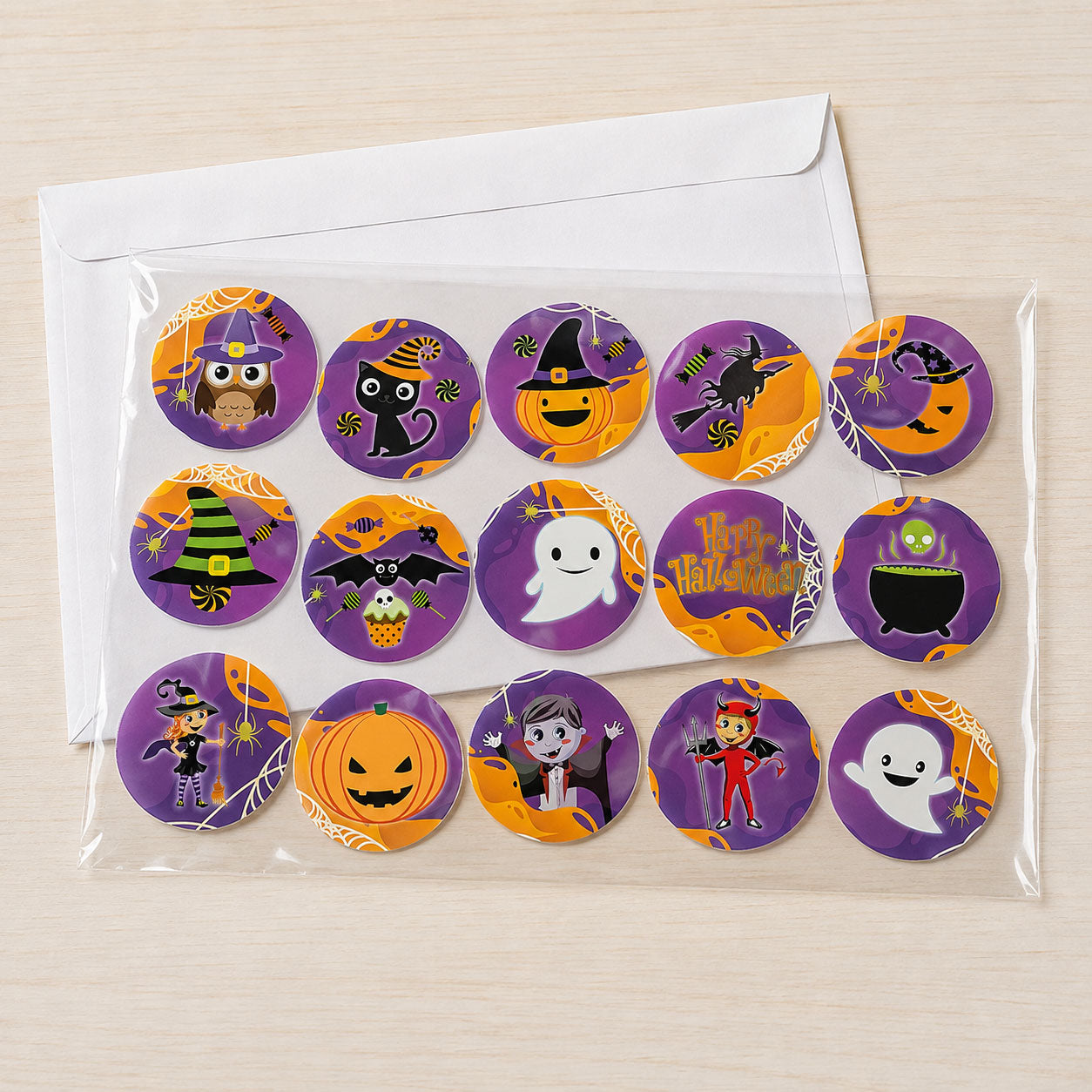 Halloween edible cake toppers packaged flat in a protective sleeve, ready for shipping