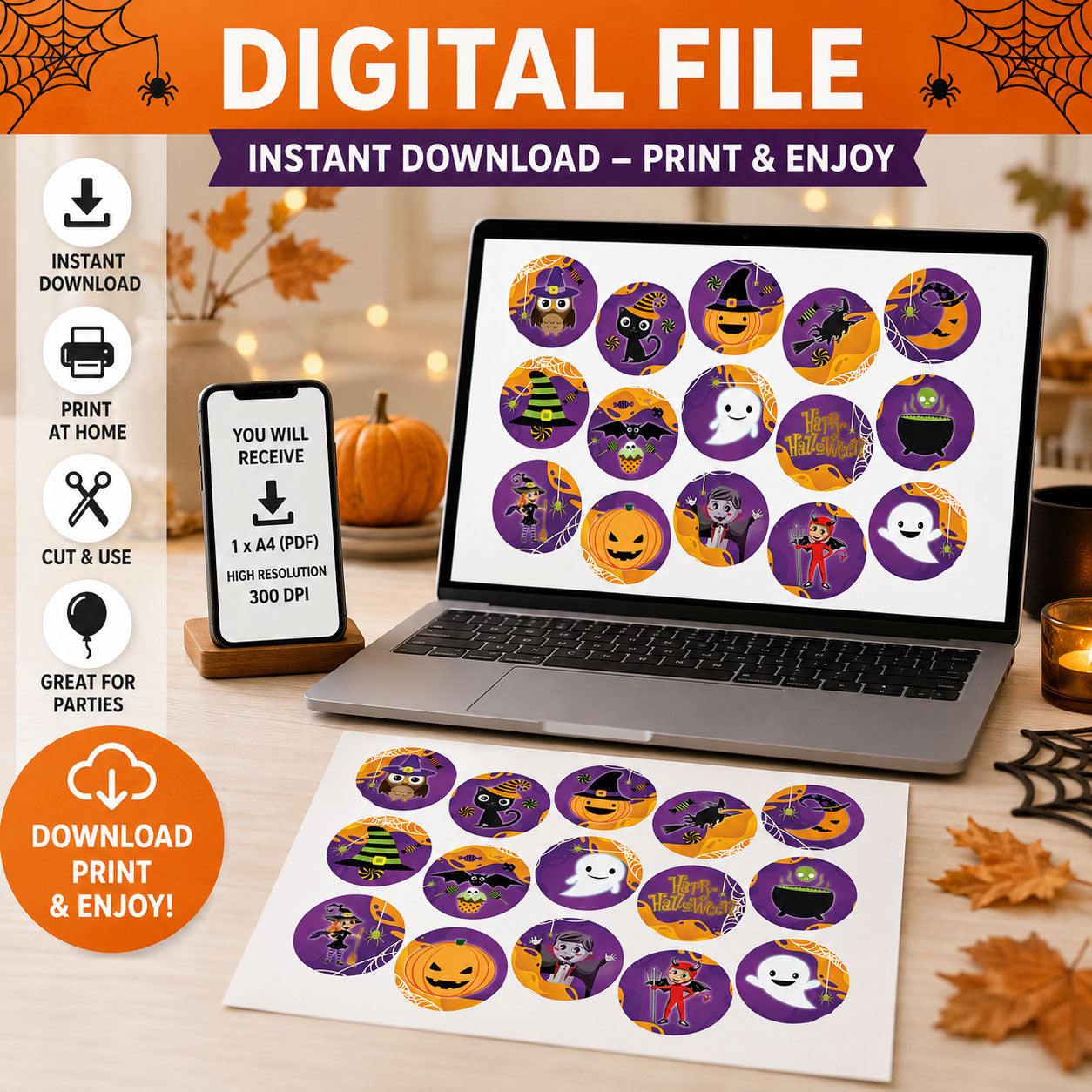 Digital file option for Halloween edible cake toppers, instant download to print at home