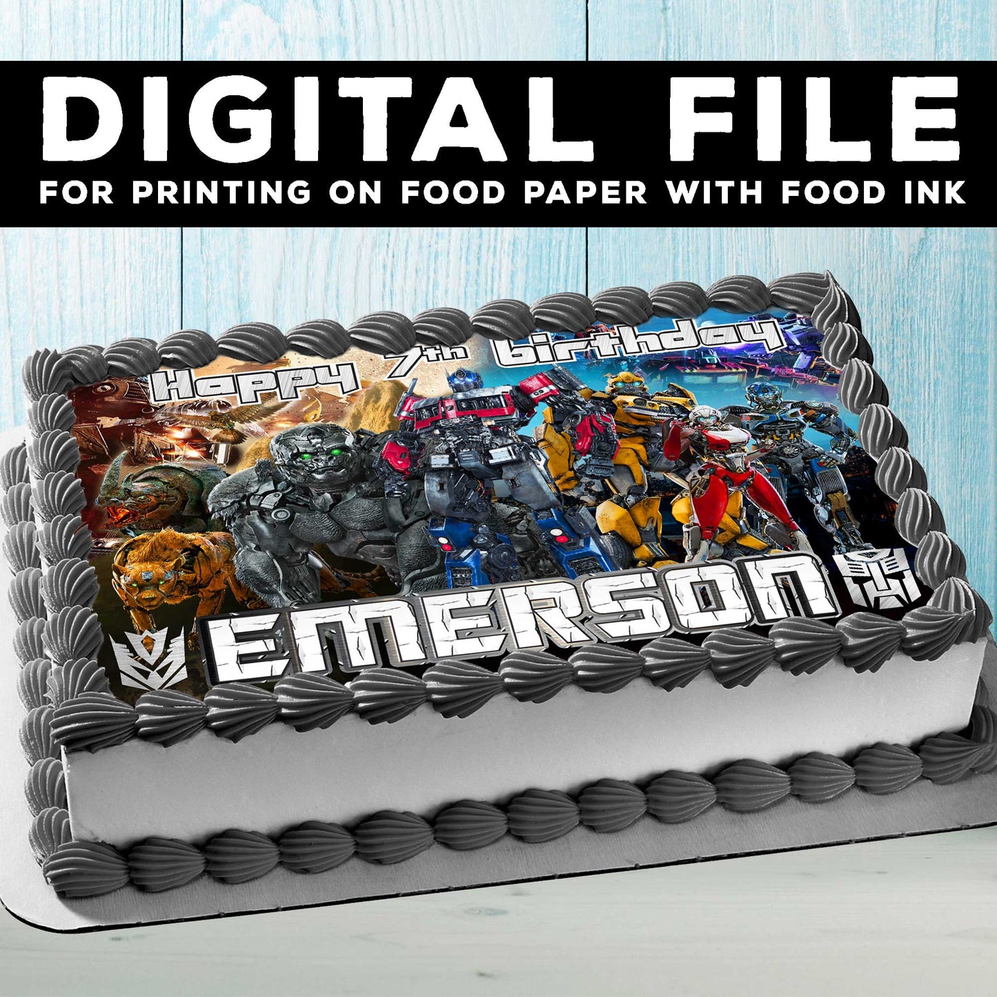 Transformers Birthday Themed Edible Cake Topper - Rectangular Design - Wafer Paper, Sugar Sheet, Chocotransfer