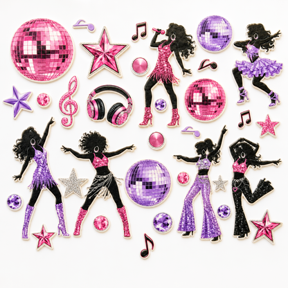 Flat lay of disco dance party edible cake toppers with dancer figures, disco balls, stars and music notes