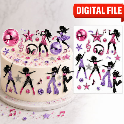 Digital file preview for disco dance party cake toppers, printable sheet of edible disco party designs