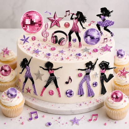 Disco dance party cake toppers on a white cake and cupcakes with dancers, disco balls and stars