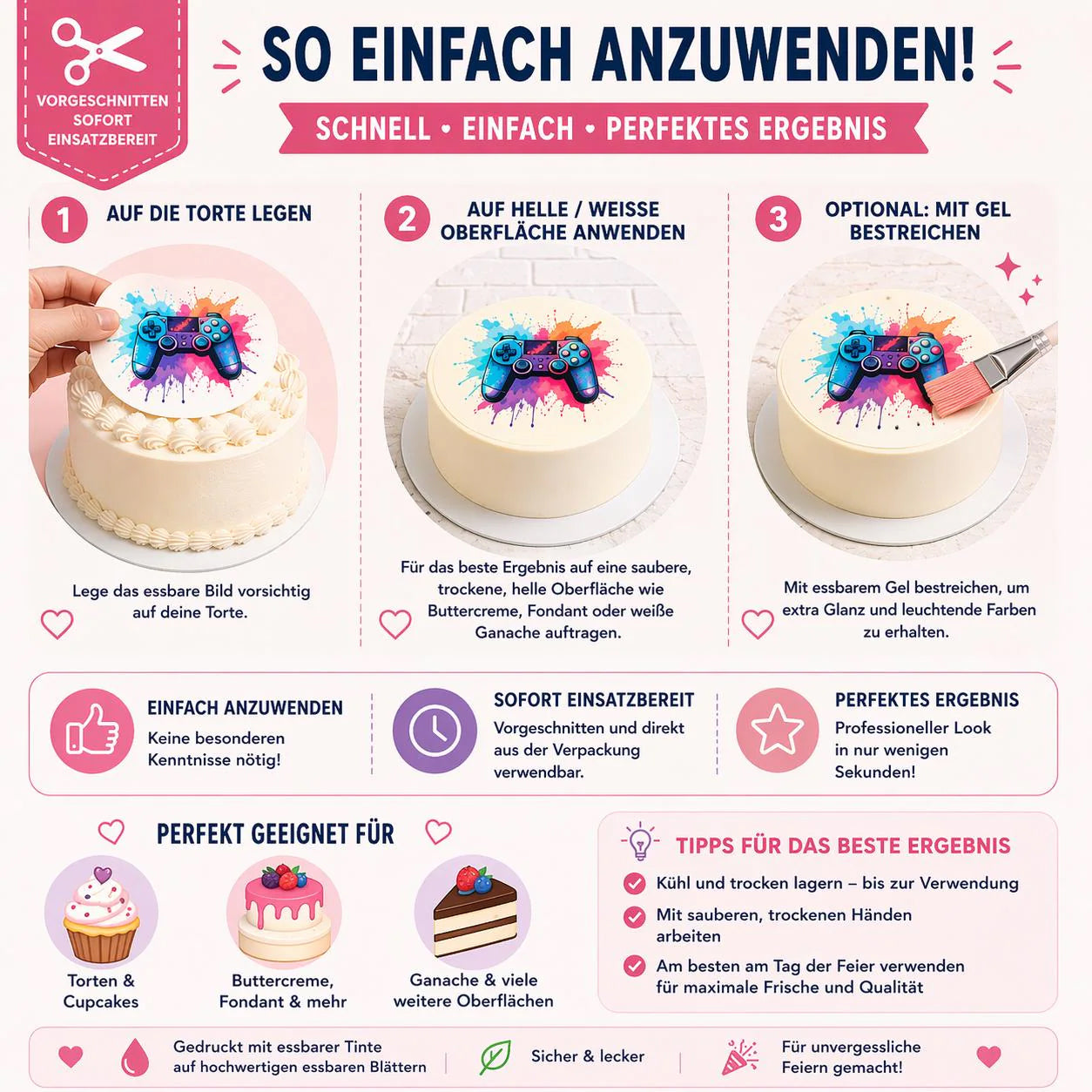 German how-to-use guide for edible cake toppers with application tips and optional edible gel