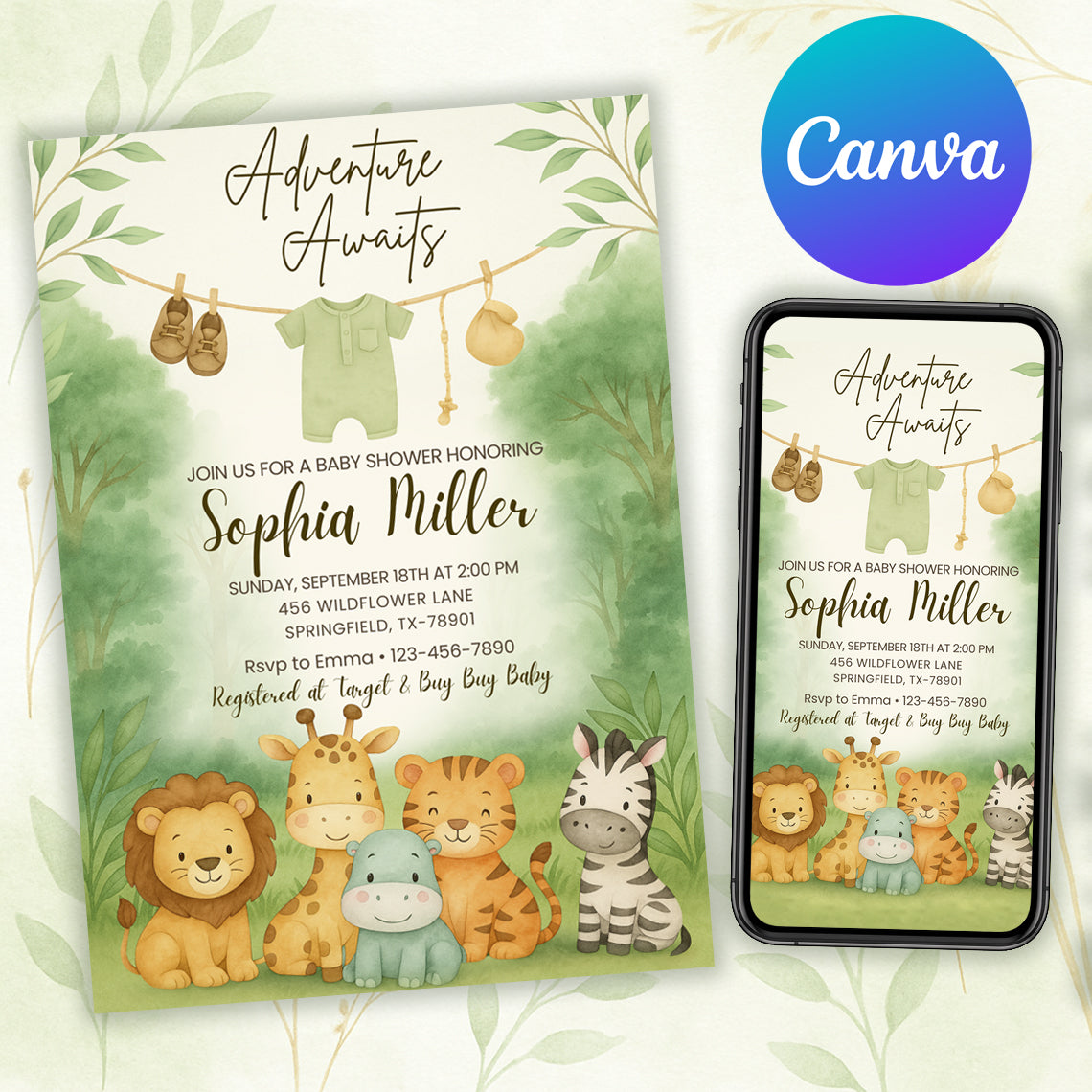 editable safari animal invitation canva design