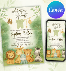 editable safari animal invitation canva design