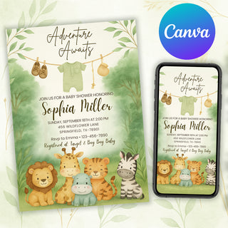 editable safari animal invitation canva design