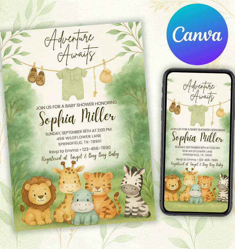 editable safari animal invitation canva design