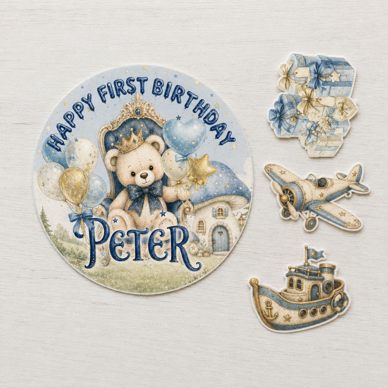 Close-up of first birthday teddy bear prince edible topper showing crown and balloon detail
