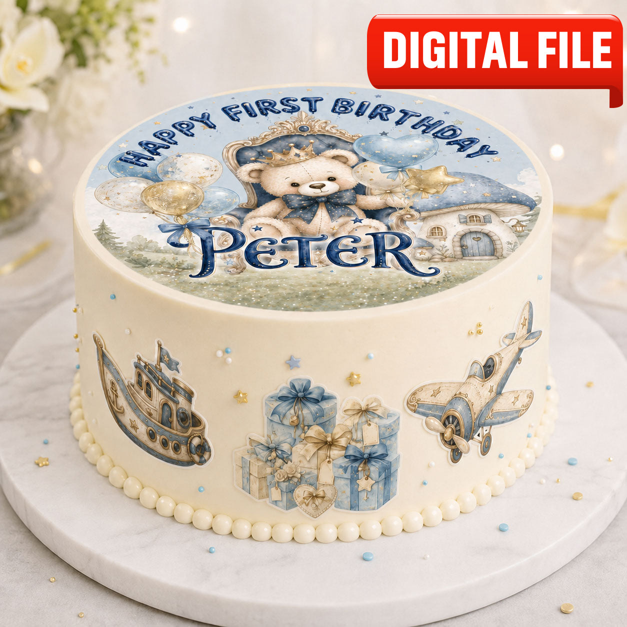 First birthday teddy bear prince edible topper set shown on a frosted celebration cake