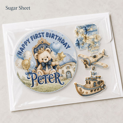 First birthday teddy bear prince edible topper sugar sheet packaged flat for shipping