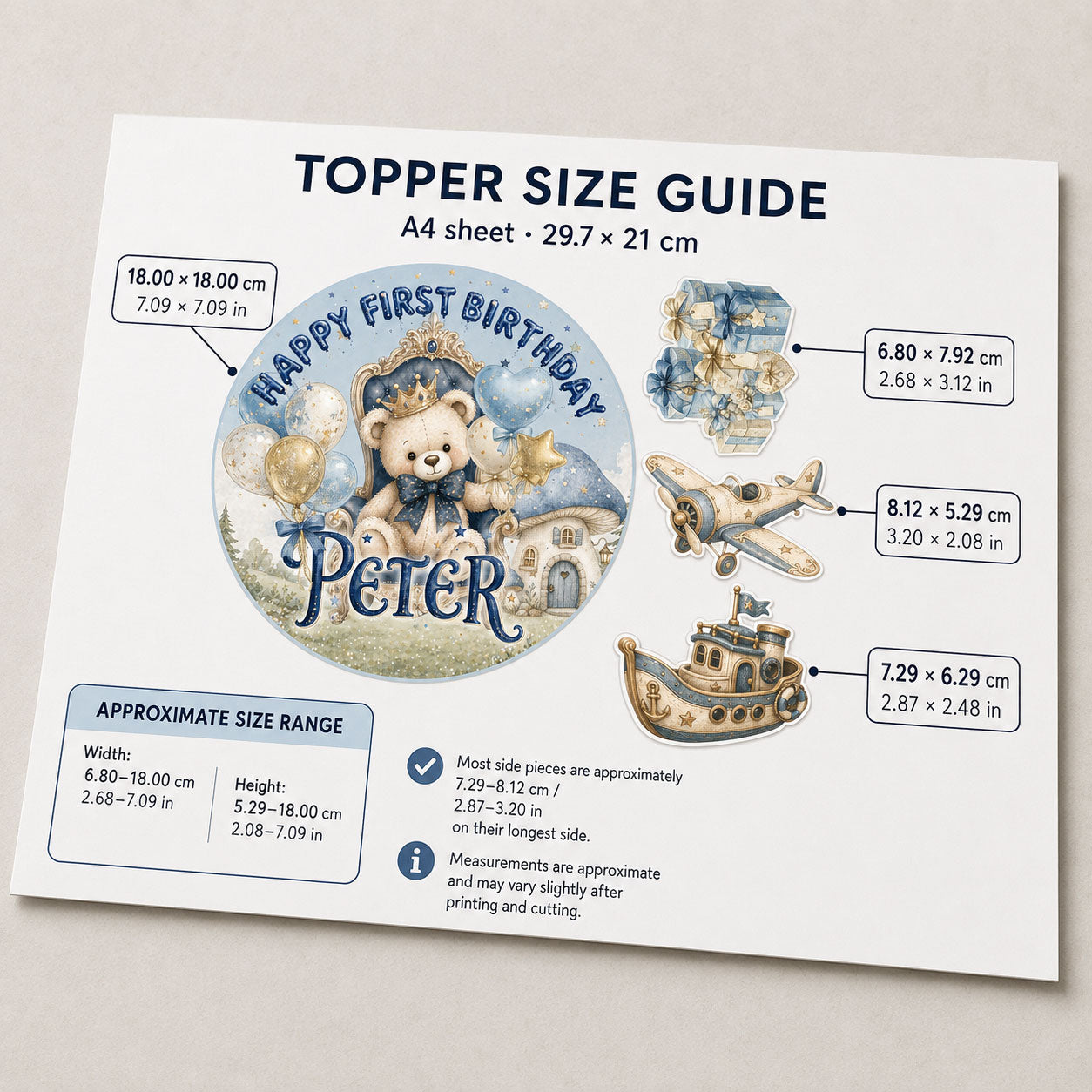 Size guide for first birthday teddy bear prince edible topper set showing sheet dimensions