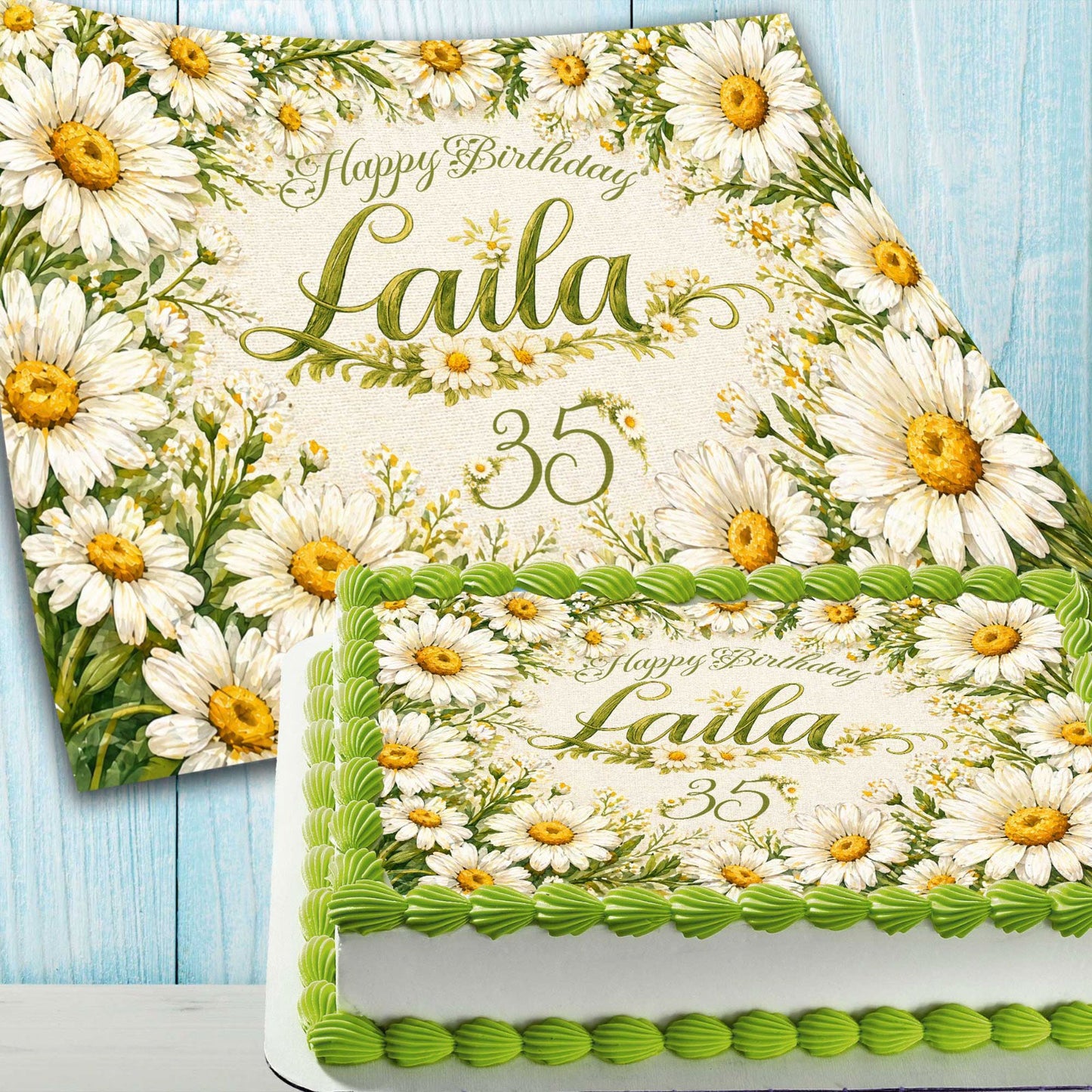 Floral daisy birthday edible print sheet cake decoration showing personalized sheet layout