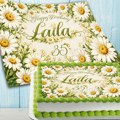 Floral daisy birthday edible print sheet cake decoration showing personalized sheet layout