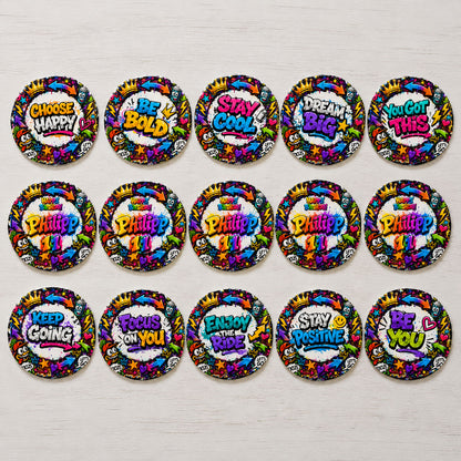 Graffiti style edible cupcake toppers flat lay with colorful street-art motivational text designs