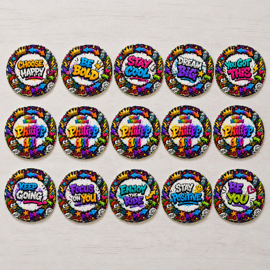 Graffiti style edible cupcake toppers flat lay with colorful street-art motivational text designs