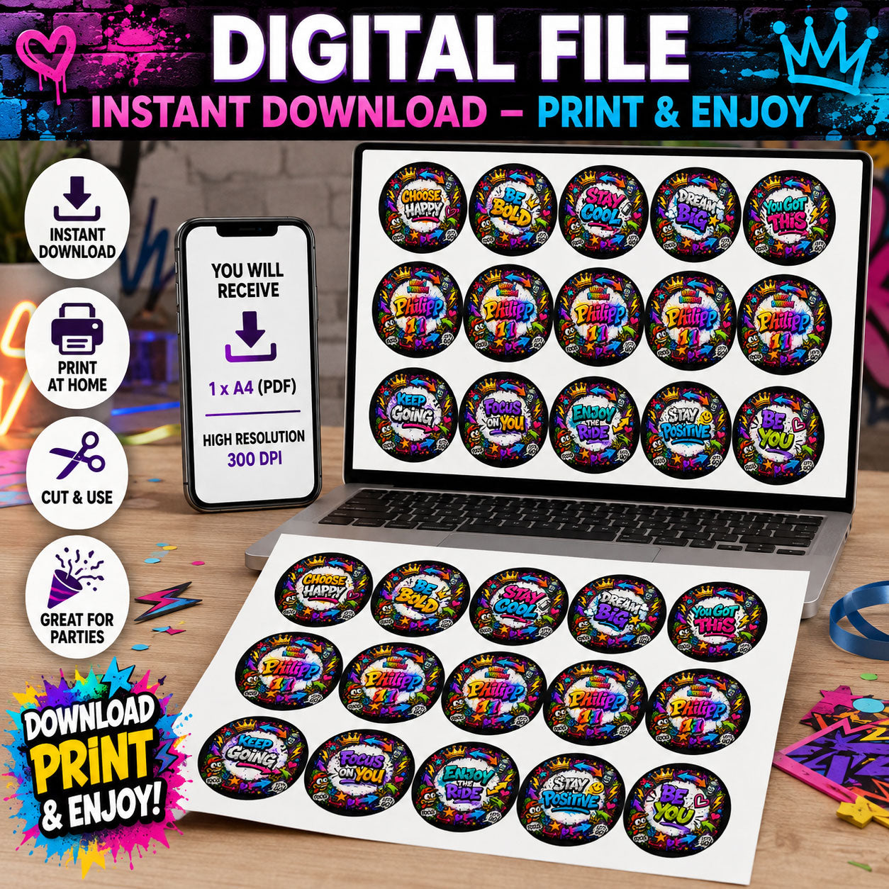 Digital file option for graffiti style edible cupcake toppers, instant download to print at home