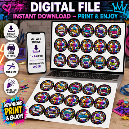 Digital file option for graffiti style edible cupcake toppers, instant download to print at home