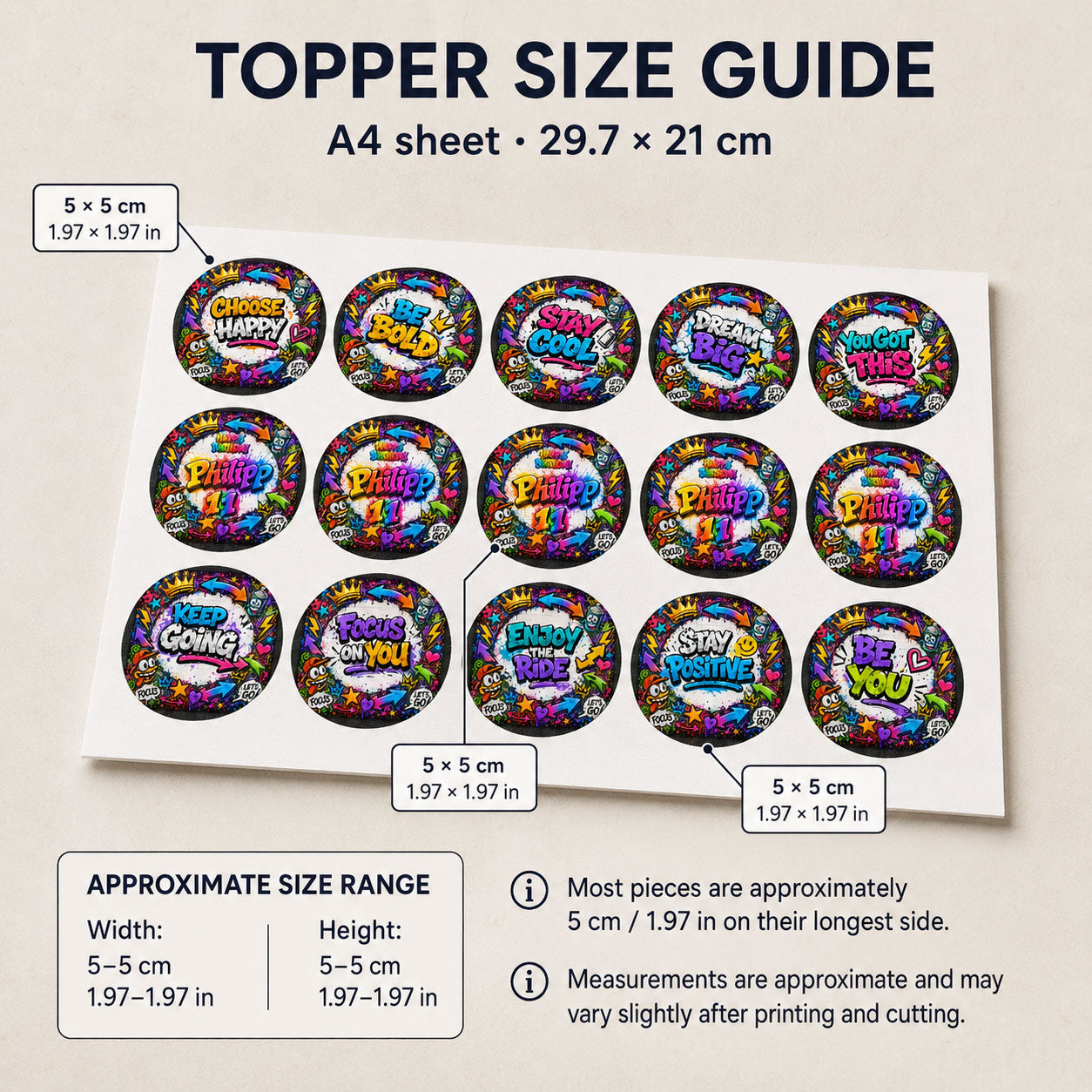 Graffiti style edible topper size guide showing 15 designs on an A4 sheet, each topper 5 x 5 cm