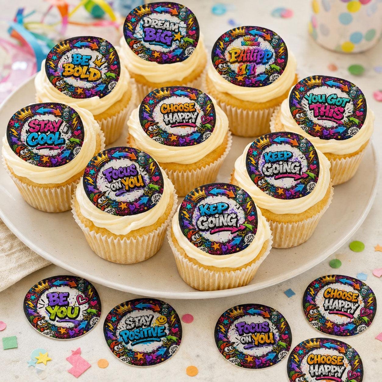 Graffiti style edible cupcake toppers on frosted cupcakes with colorful motivational text designs