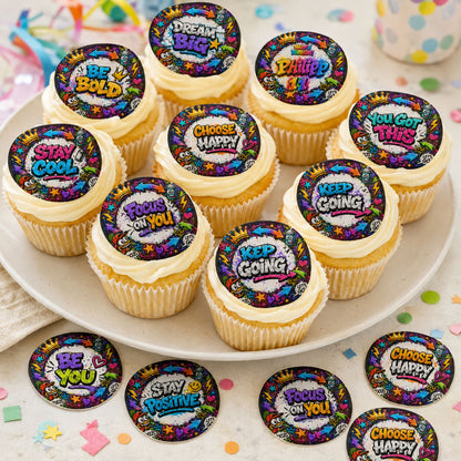 Graffiti style edible cupcake toppers on frosted cupcakes with colorful motivational text designs